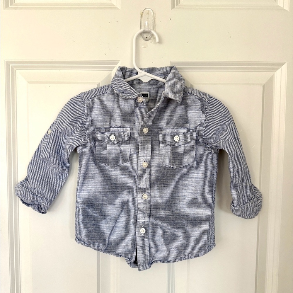 Janie And Jack Blue And White Striped Long Sleeve Shirt - Size 12-18 months